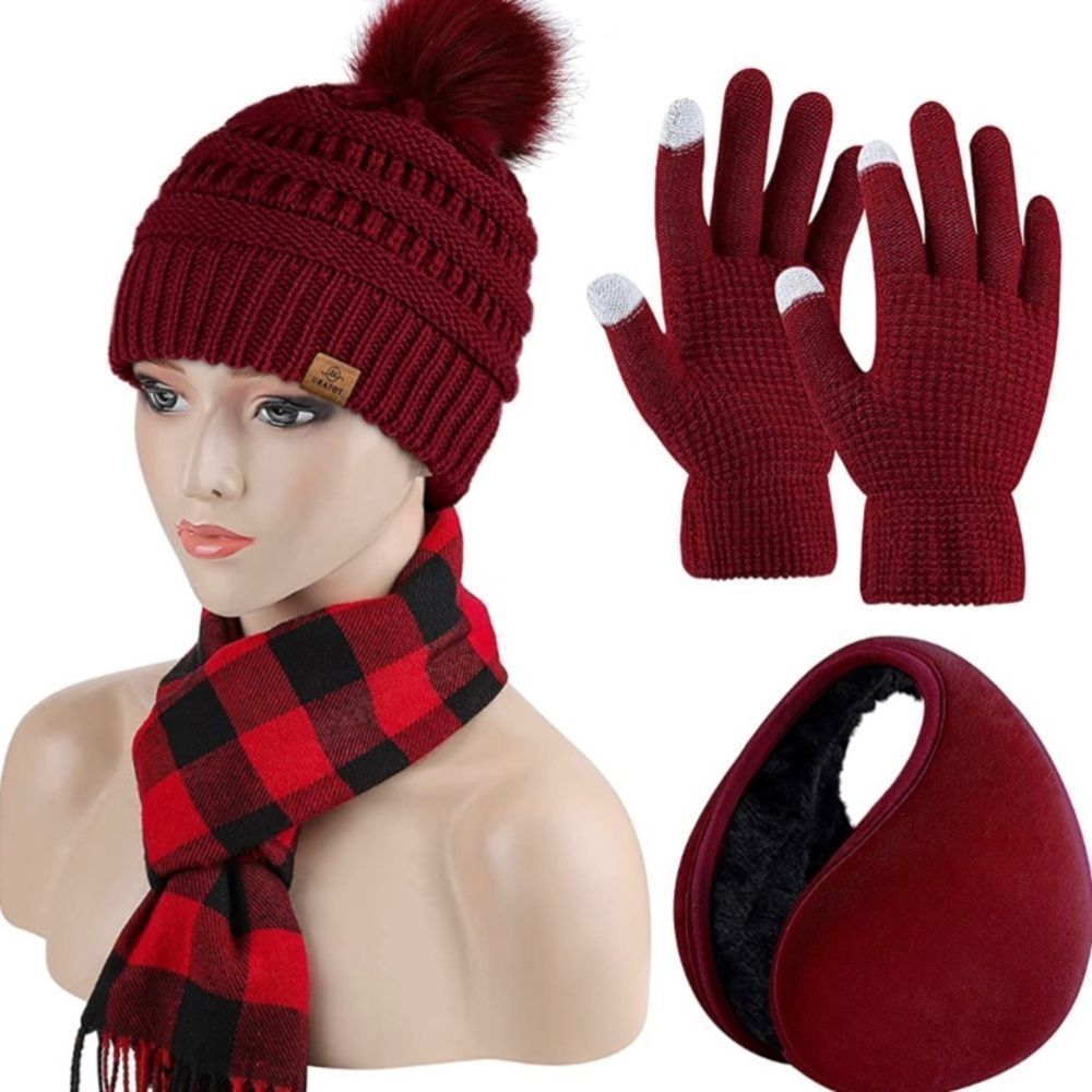 Red Beanie Gloves 4 in 1 Win Set Knitted Scarf Hat  Gloves and Ear Warmer  U…​​ - Picture 2 of 5
